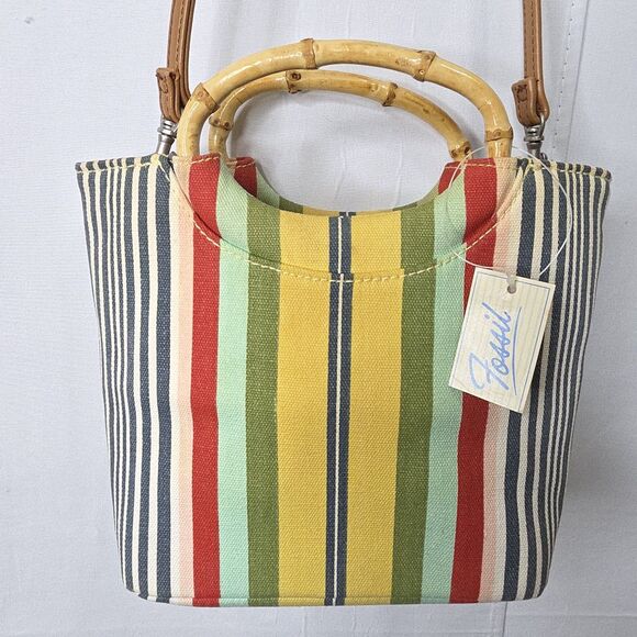 FOSSIL Sriped Canvas Crossbody Purse Bag Bamboo Handles Leather Detachable Strap - Picture 1 of 7